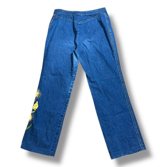 VTG High Rise Wide Leg Jeans Womens Floral Embroidered Bareback Denim NO STRETCH - Picture 2 of 6